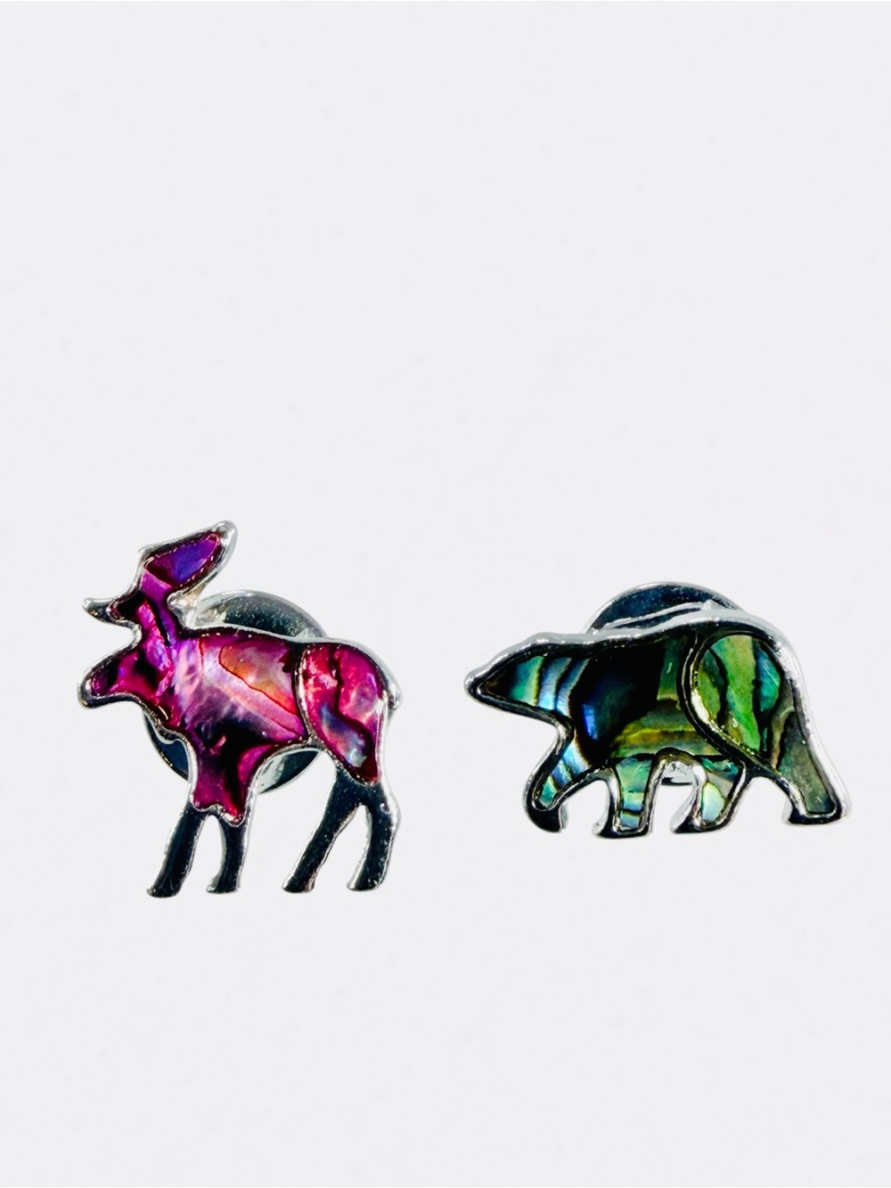 Moose Bear Pin Brooch Silver Tone Abalone Purple Green Pink Woods Camping Animal